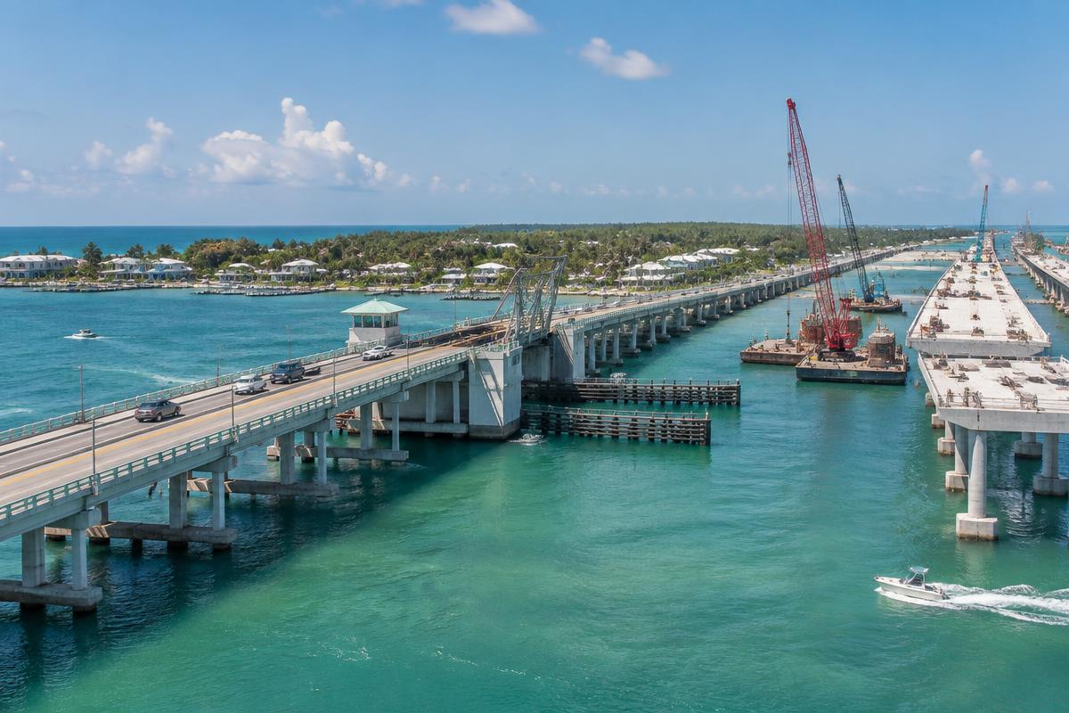 Cortez Bridge replacement construction beside the existing drawbridge between Cortez and Bradenton Beach, Florida