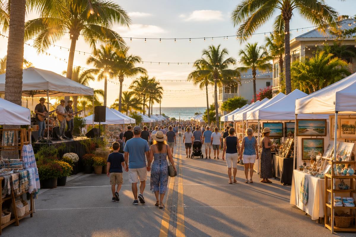 Fall festival on Pine Avenue, Anna Maria Island with white vendor tents, live music, palm trees, and families at golden hour